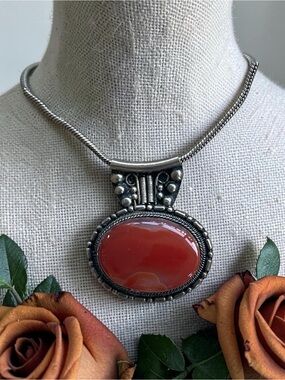 Carnelian Agate Silver Tone Slide Pendant Necklace